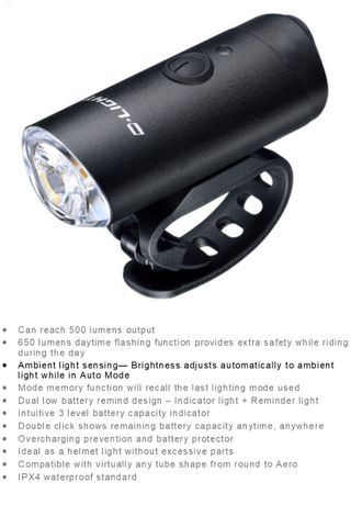 LIGHT  Headlight, front, 6 function  500 Lumen or 650Lumen Daytime Flash, w/USB cable, Quality D-Light product, Great light, fits almost all handlebars, batt level display, lightweight and effective !