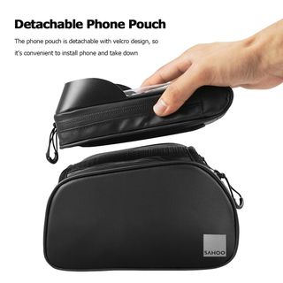 SAHOO  Top Bar Bag with Removable Phone Holder, L17/H9/D4cm per pocket.  Black , top tube mount, secures w/ 2 velcro straps. 2 main pockets,.