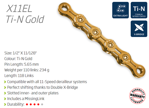 CHAIN - 11 Speed - KMC X11EL - 118L - Ti-N GOLD - X-Series - w/Connect Link