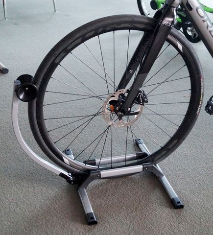 DISPLAYor PARKING  STAND for 20" to 29ER Bikes, Suits Road, BMX or MTB Tyres (Max Tyre Width 6.5cm) Great for Disc Brakes, Spring arm holds Front or Rear Wheel, Holds 1 Bike, Silver/Black