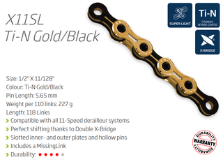 CHAIN - 11 Speed - KMC X11SL - 118L - Ti-N GOLD/BLACK - X-Superlight - w/Connect Link