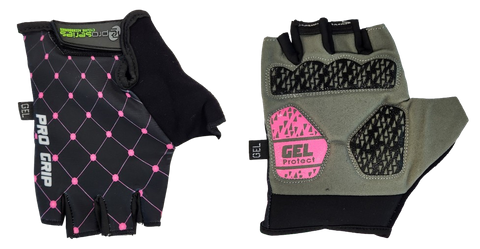 A NEW ITEM - BLACK with PINK dots GLOVES  -  PRO SERIES, Amara Palm, Lycra Towel GEL Padding, L