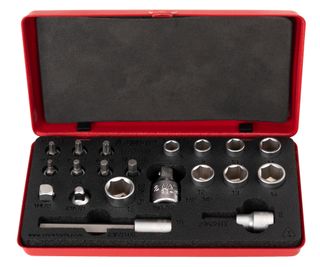A NEW ITEM - Unior Drivers and sockets Set, Torx bits sizes 25, 27 and 30, Hex bits sizes 3, 4, 5, 6, 8, 10, Socket sizes 8, 9, 10, 11, 12, 13, 14, 15, Adapters 1/4" - 3/8" and 3/8" - 1/4", 629380