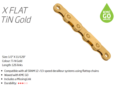A NEW ITEM - CHAIN - 12/13 Speed - KMC X-FLATW - 126L - TI-N GOLD - w/Connect Link - WAXED - (For Sram flat top 12/13 speed only)