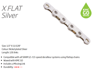 A NEW ITEM - CHAIN - 12/13 Speed - KMC X-FLATW - 126L - SILVER - w/Connect Link - WAXED - (For Sram flat top 12/13 speed only)