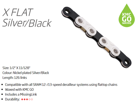 A NEW ITEM - CHAIN - 12/13 Speed - KMC X-FLATW - 126L - SILVER/BLACK - w/Connect Link - WAXED - (For Sram flat top 12/13 speed only)