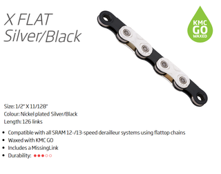 A NEW ITEM - CHAIN - 12/13 Speed - KMC X-FLATW - 126L - SILVER/BLACK - w/Connect Link - WAXED - (For Sram flat top 12/13 speed only)