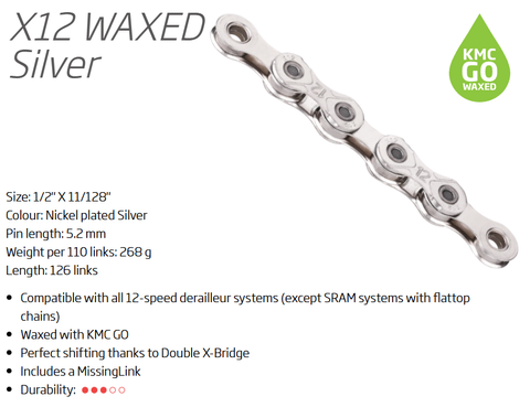 A NEW ITEM - CHAIN - 12 Speed - KMC X12L - 126L - SILVER - XL-Series - w/Connect Link - (Light Weight)