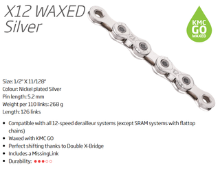 A NEW ITEM - CHAIN - 12 Speed - KMC X12L - 126L - SILVER - XL-Series - w/Connect Link - (Light Weight)