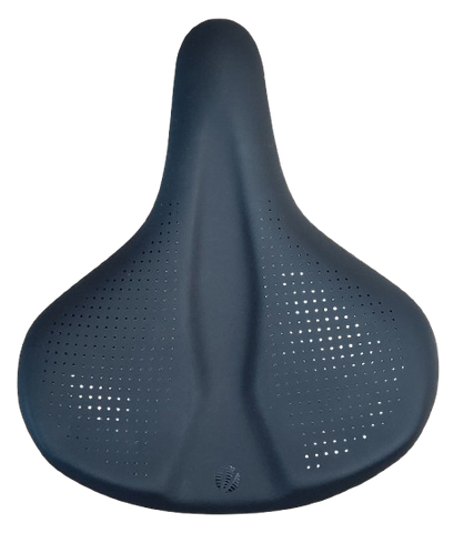 `A NEW ITEM - Saddle, vinyl black, black steel rail, black base, w/o clamp, w/black bumper, 261x218mm (Integrated handle for lifting bike)