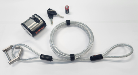 `A NEW ITEM - ALARM DISC LOCK, 5.5mm pin lock size,  built-in anti-theft alarm, suitable for bikes & scooters, requires CR2 battery - KOVIX