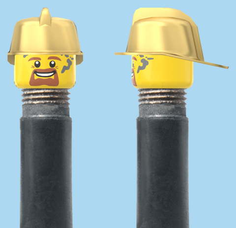 `A NEW ITEM  -  VALVE CAP, A/V, brown beard, gold fire fighter helmet, sold in pairs