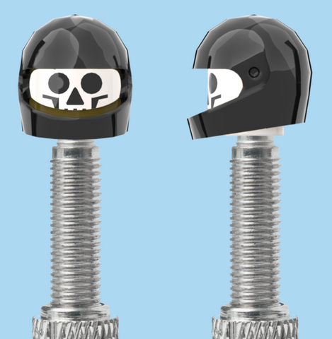 `A NEW ITEM  -  VALVE CAP, F/V, skull, black full face helmet, sold in pairs
