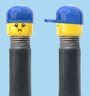 `A NEW ITEM  -  VALVE CAP, A/V, bursting cheeks & wrinkle eye smile, blue hat, sold in pairs