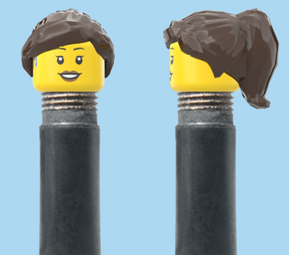 `A NEW ITEM  -  VALVE CAP, A/V, smile, lipstick, long dark brown pony tail hair, sold in pairs