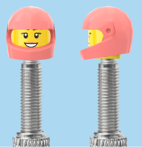 `A NEW ITEM  -  VALVE CAP, F/V, smile, eyelashes, salmon/pink helmet, sold in pairs