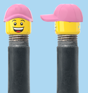 `A NEW ITEM  -  VALVE CAP, A/V, open mouth smile & sad tear face, pink hat, sold in pairs