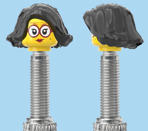 `A NEW ITEM  -  VALVE CAP, F/V, glasses, red lipstick, shoulder length black hair, sold in pairs