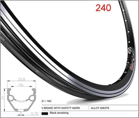 RIM 700c x 19mm - Mach1 240 - 32H - (622 x 19) - Schrader Valve - Rim Brake - D/W - BLACK - Eyeleted - MSW - (ERD 597)