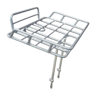`A NEW ITEM - CARRIER - Front Rack, SILVER, alloy,  adjustable for size: 26"-29",  powder coated silver. MAX Load: 10kg-W43cm and L 34cm x 5cm deep.