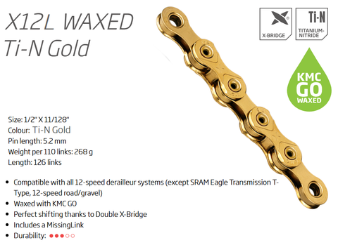 `A NEW ITEM - CHAIN - 12 Speed - KMC X12L - 126L - TI-N GOLD - X-Series - w/Connect Link