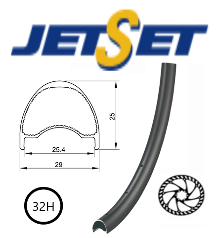 `A NEW ITEM - RIM 29er x 25mm - JETSET AR-25 - 32H - (622 x 25) - Presta Valve - Disc Brake - D/W - Tubeless Ready - BLACK - ARCOS system - Quality Jetset rim made in Taiwan