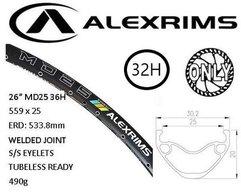 RIM 26" x 25mm - ALEX MD25 - 32H - (559 x 25) - Schrader Valve - Disc Brake - D/W - BLACK - Eyeleted - Tubeless Ready - (ERD 533) - (Requires AV tubeless valve)