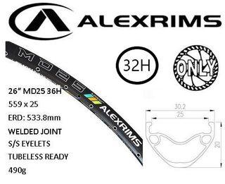 RIM 26" x 25mm - ALEX MD25 - 32H - (559 x 25) - Schrader Valve - Disc Brake - D/W - BLACK - Eyeleted - Tubeless Ready - (ERD 533) - (Requires AV tubeless valve)