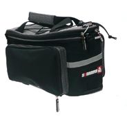 Rack top, TRUNK/PANNIER BAG - Velcro's onto Pannier Rack, Water Resistant, Side pockets open to become Pannier Bags. 16cm x 18-27cm x 34cm
