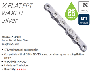 `A NEW ITEM - CHAIN - 12/13 Speed - KMC X-FLATW EPT - 126L - SILVER - w/Connect Link - WAXED - (For Sram flat top 12/13 speed only)