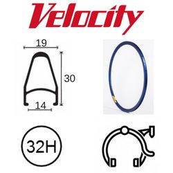 RIM 700c x 14mm - VELOCITY DEEP V - 32H - (622 x 14) - Presta Valve - Rim Brake - D/W - ROYAL BLUE