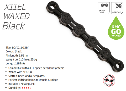 CHAIN - 11 Speed - KMC X11EL GO WAX - 118L - BLACK - X-Series - w/Connect Link