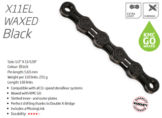 CHAIN - 11 Speed - KMC X11EL GO WAX - 118L - BLACK - X-Series - w/Connect Link
