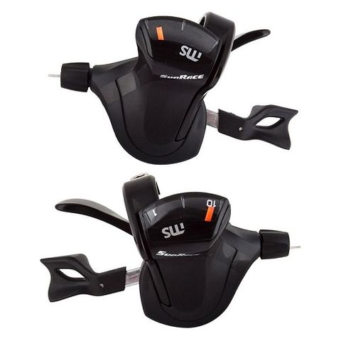 SHIFTER SET - Right Hand 10 Speed, Left Hand 2 Speed, Thumb Tap Dual Trigger, Composite levers, with gear display and galvanised steel cable, Sunrace, Black (NOT Shimano I-SPEC&reg; II Compatible)