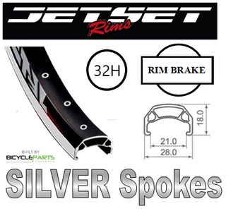 WHEEL - 700C Jetset CH-E213 36H P/j Black Rim,  FRONT Q/R (100mm OLD) 6 Bolt Disc Loose Ball Joytech Black Hub, SILVER Spokes