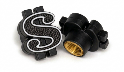 `A NEW ITEM - Valve Cap MONEY SIGN - Black, A/V (sold individually)