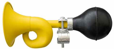 `A NEW ITEM - HORN - Flugel, Steel, 185mm Long, Fits All Standard Handlebars, Yellow (Product no. on sticker incorrect)