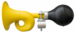 `A NEW ITEM - HORN - Flugel, Steel, 185mm Long, Fits All Standard Handlebars, Yellow (Product no. on sticker incorrect)