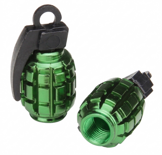 `A NEW ITEM - Valve Cap, alloy anodised Green, Grenade, A/V (Sold Individually)