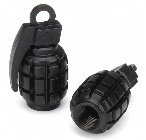 `A NEW ITEM - Valve Cap, alloy anodised Black, Grenade, A/V (Sold Individually)