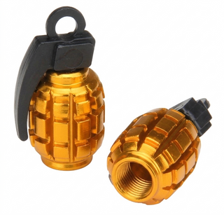 `A NEW ITEM - Valve Cap, alloy anodised Gold, Grenade, A/V (Sold Individually)