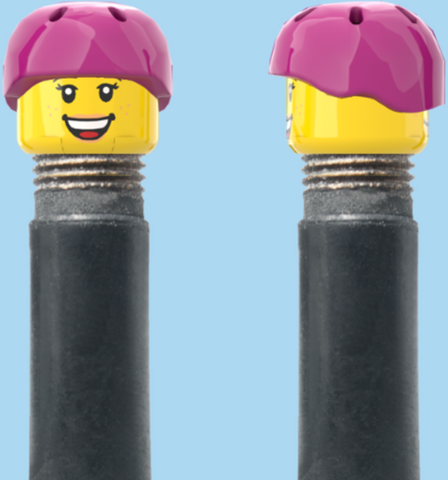 `A NEW ITEM  -  Brick Caps - Schrader Valve - 2 Face Head with Freckles & Lipstick (Open Mouth Smile & Closed Eye Smile) with a Pink Helmet