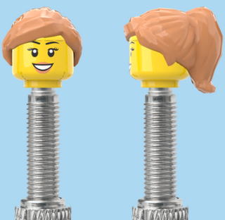 `A NEW ITEM  -  Brick Caps - Presta Valve - 1 Face Head (Teeth Smile, Eyelashes & Lipstick) with a Tan Half Pony Hairdo