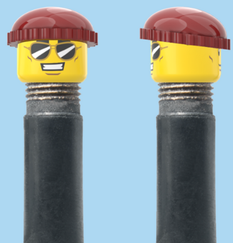 `A NEW ITEM  -  Brick Caps - Schrader Valve - 2 Face Head (Sunglasses with Cheesy Smile & Normal Smile Face) with a Brown Beanie