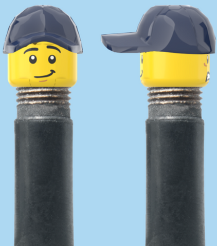 `A NEW ITEM  -  Brick Caps - Schrader Valve - 2 Face Head (Worried Look & Half Smile) with a Blue Cap