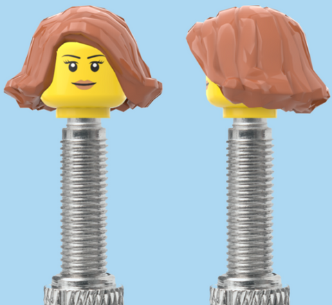 `A NEW ITEM  -  Brick Caps - Presta Valve - 1 Face Head (Simple Smile, Eyelashes & Lipstick) with a Brown Bob Cut Hairdo