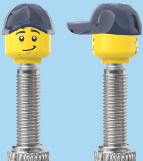 `A NEW ITEM  -  Brick Caps - Presta Valve - 2 Face Head (Worried Look & Half Smile) with a Blue Cap