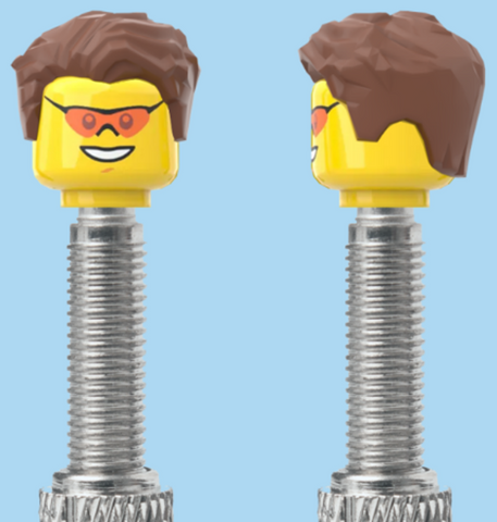 `A NEW ITEM  -  Brick Caps - Presta Valve - 1 Face Head (Coloured Sunglasses with a Smile) with a Styled Brown Hairdo