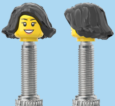`A NEW ITEM  -  Brick Caps - Presta Valve - 1 Face Head (Teeth Smile, Eyelashes & Lipstick) with a Black Bob Cut Hairdo