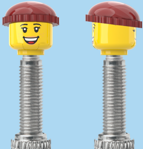 `A NEW ITEM  -  Brick Caps - Presta Valve - 2 Face Head with Freckles & Lipstick (Open Mouth Smile & Closed Eye Smile) with a Brown Beanie